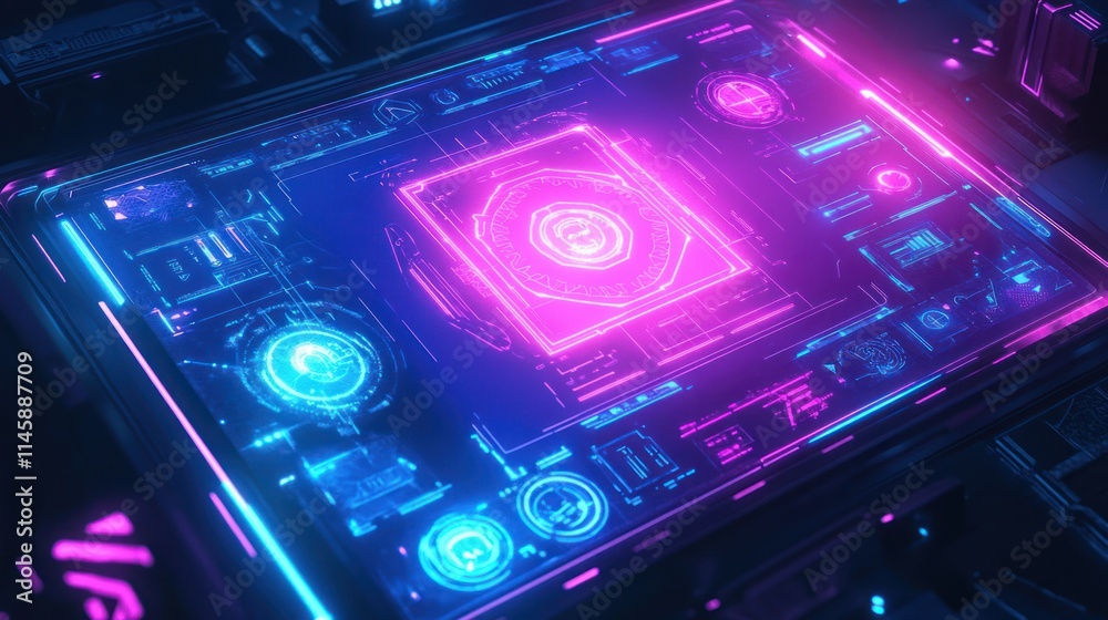 Obraz premium Futuristic neon pink blue glowing digital interface technology.