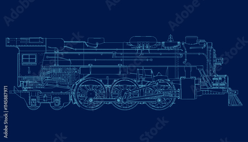 Old Fashioned Steam Train wireframe. Side view. 3D. Vector illustration