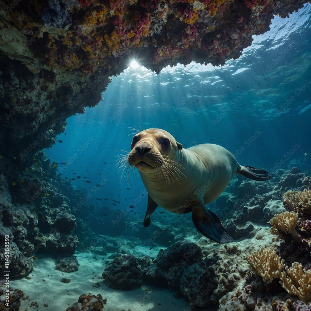 Obraz premium A curious sea lion exploring an underwater cave filled with vibrant coral.