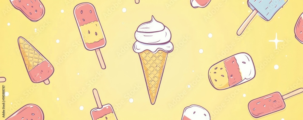 Ice cream pattern, various shapes and colors on yellow. Ice cream pattern, various shapes and colors on yellow.