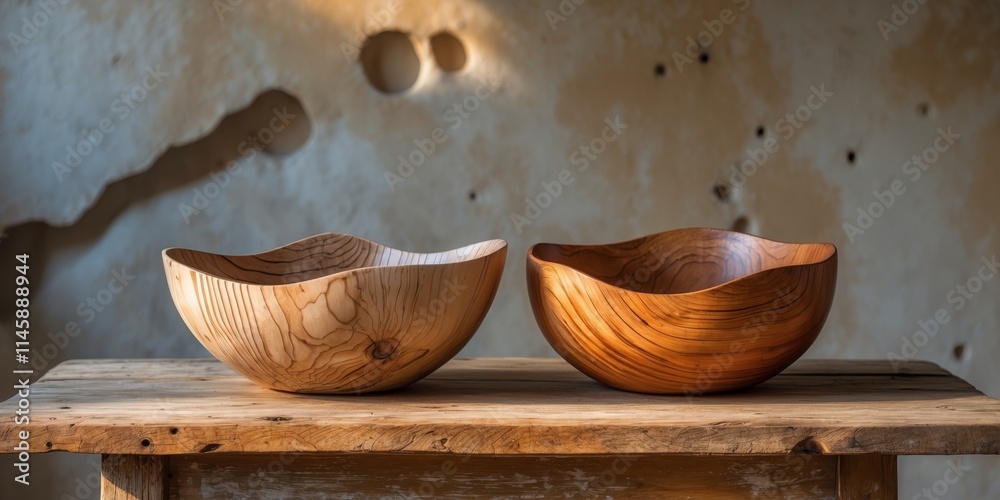 Two handcrafted wooden bowls on a rustic wooden table with textured background Two handcrafted wooden bowls on a rustic wooden table with textured background
