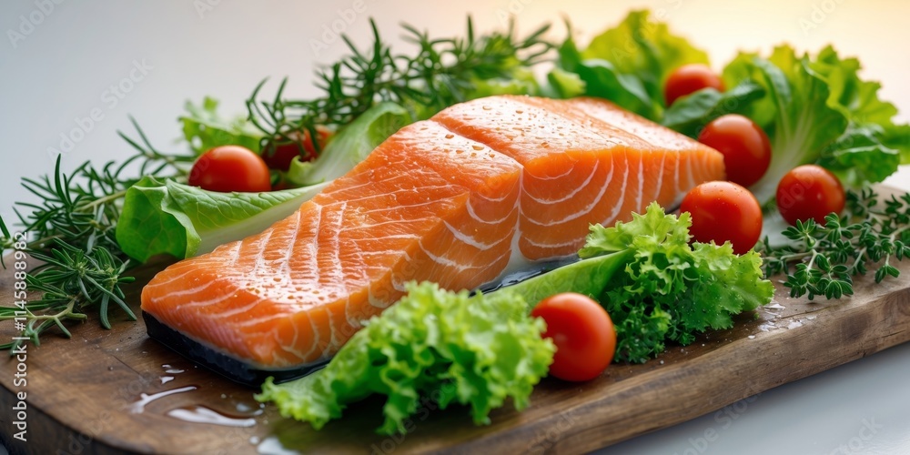 Fresh salmon fillet with assorted vegetables and herbs on a wooden board Fresh salmon fillet with assorted vegetables and herbs on a wooden board