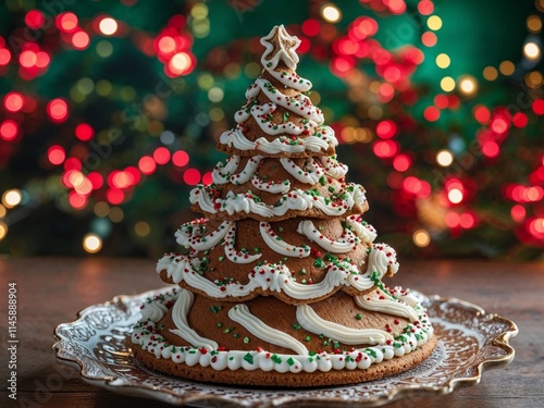 Decorated gingerbread tree with icing on plate Festive lights in background photo