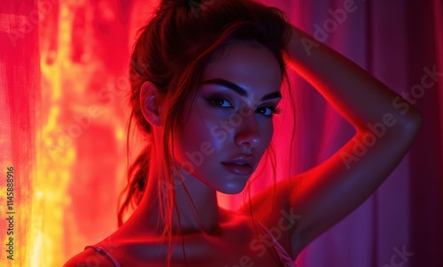 Young woman with striking features in vibrant light