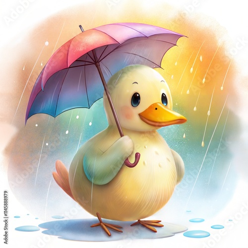 Cheerful Cartoon Duck with Colorful Umbrella on a Rainy Day photo