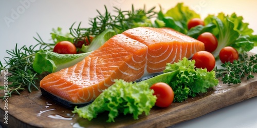 Fresh salmon fillet with assorted vegetables and herbs on a wooden board