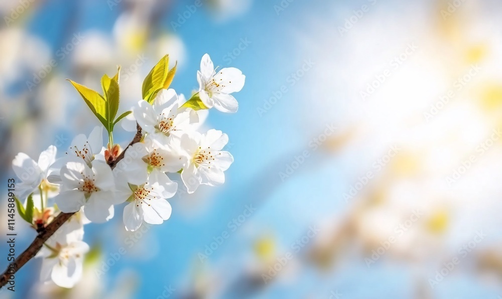 A close-up of white cherry blossoms against a bright blue sky. A close-up of white cherry blossoms against a bright blue sky.