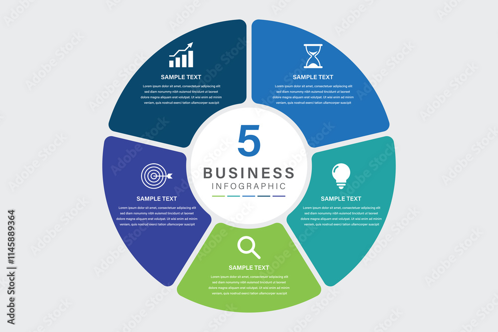 Vector infographic label design with circle infographic template design and 5 options or steps. Can be used for process diagram, presentations, workflow layout, banner, flow chart, info graph.