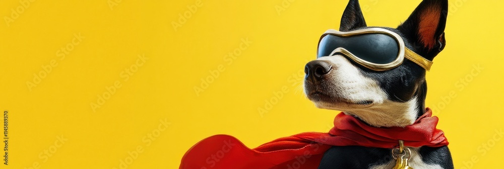 Dog wearing goggles and a cape on yellow backdrop. Dog wearing goggles and a cape on yellow backdrop.