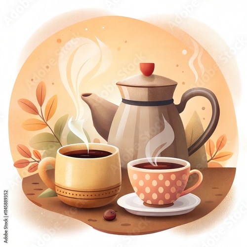Cozy Autumn Tea Time with Steaming Teapot and Polka Dot Cups photo