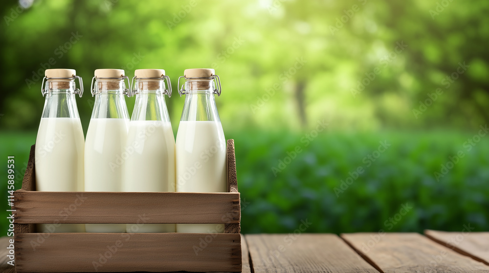 Fresh Milk Bottles in Wooden Crate, Rustic Spring Setting Fresh Milk Bottles in Wooden Crate, Rustic Spring Setting