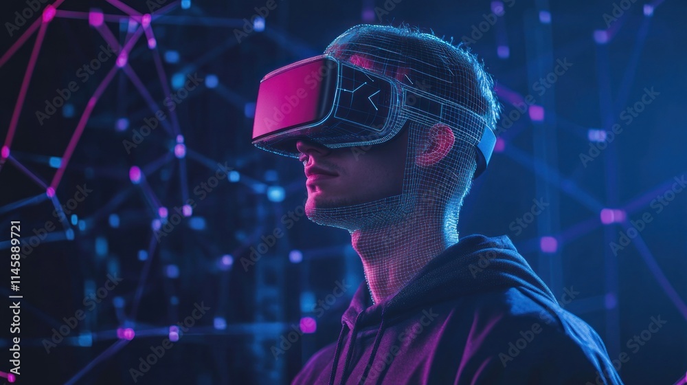 Man wearing VR headset against abstract glowing network. Man wearing VR headset against abstract glowing network.