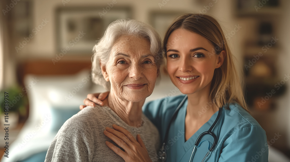 Portrait of smiling nurse with senior patient at home. Focus on woman Portrait of smiling nurse with senior patient at home. Focus on woman