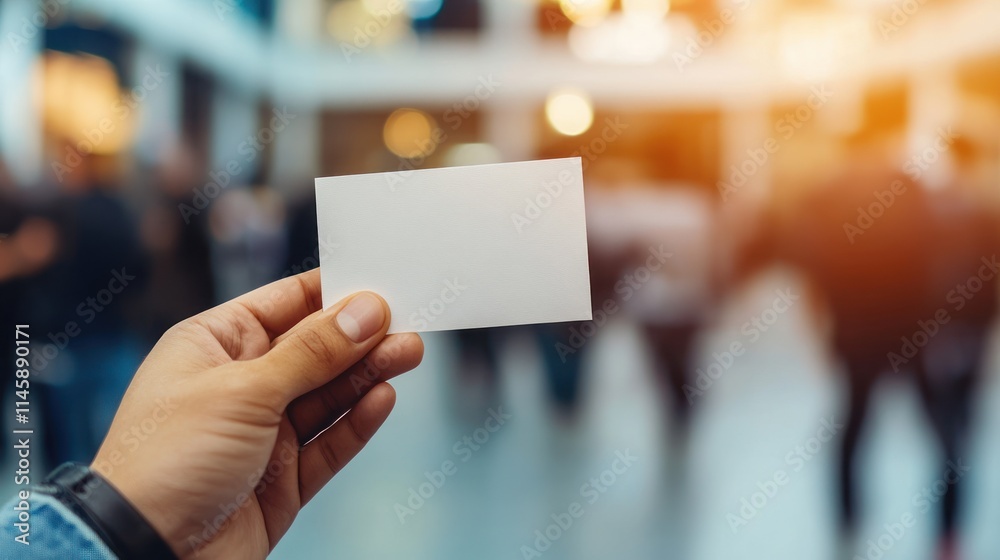 Hand holds blank card with blurred crowd background. Hand holds blank card with blurred crowd background.