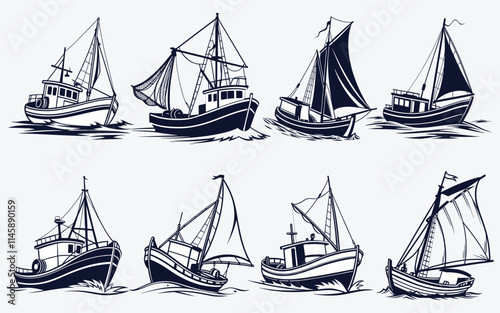Vintage Fishing Boats Silhouettes on Water