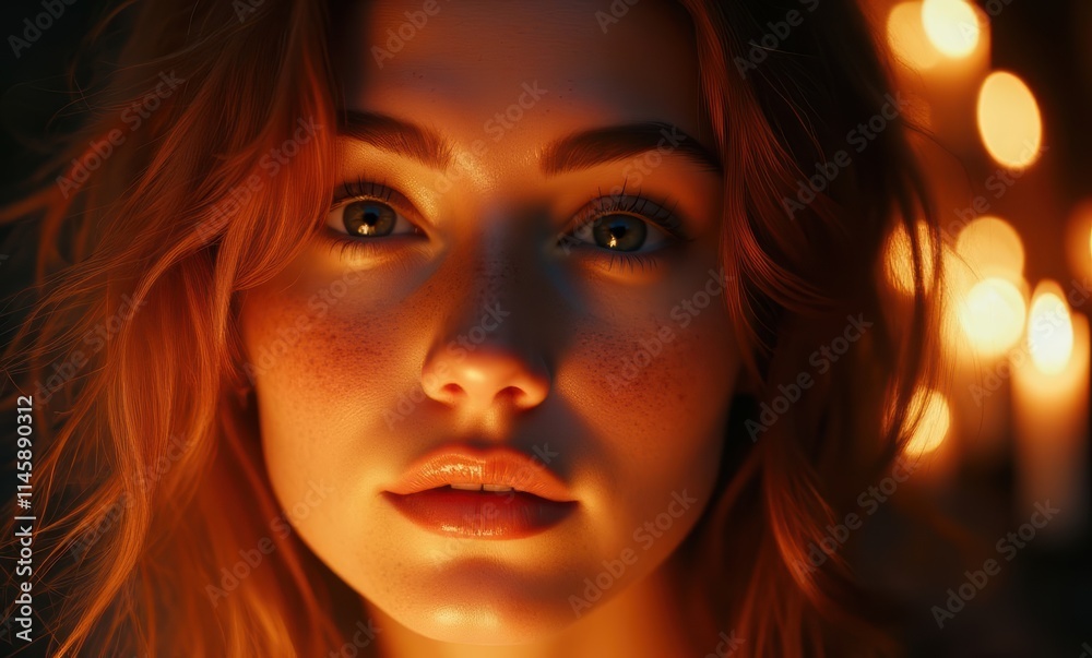 Young woman with freckled face and warm light Young woman with freckled face and warm light
