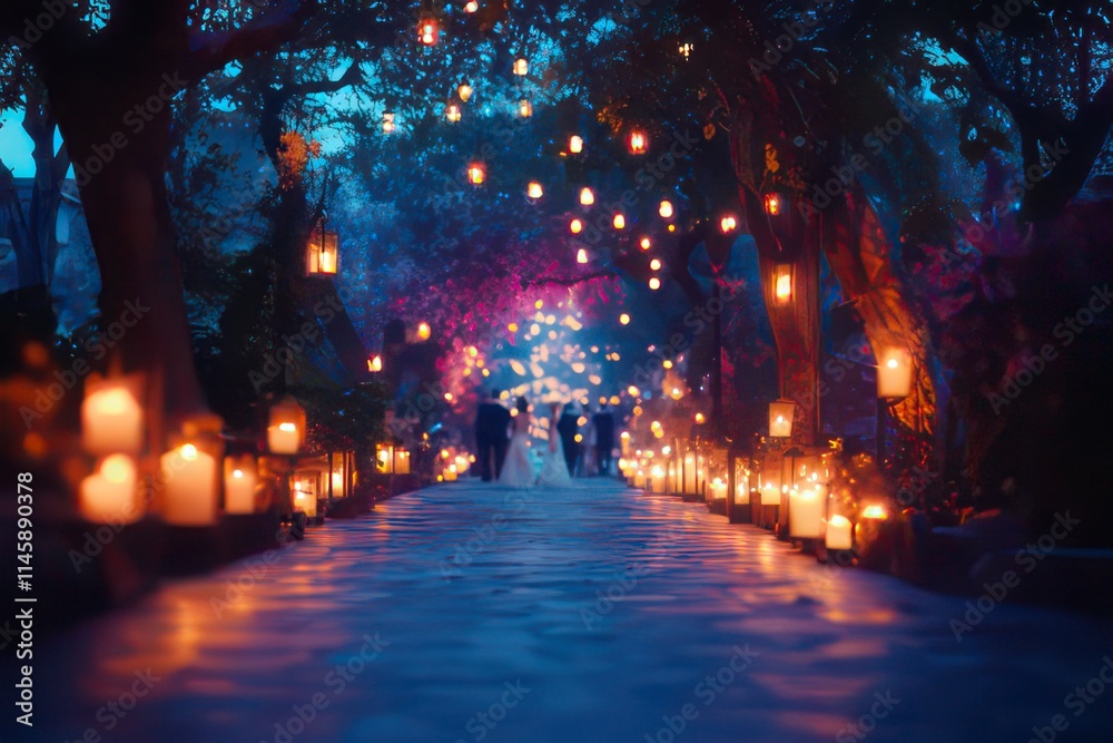 A romantic pathway illuminated by lanterns, perfect for a wedding or special event. A romantic pathway illuminated by lanterns, perfect for a wedding or special event.