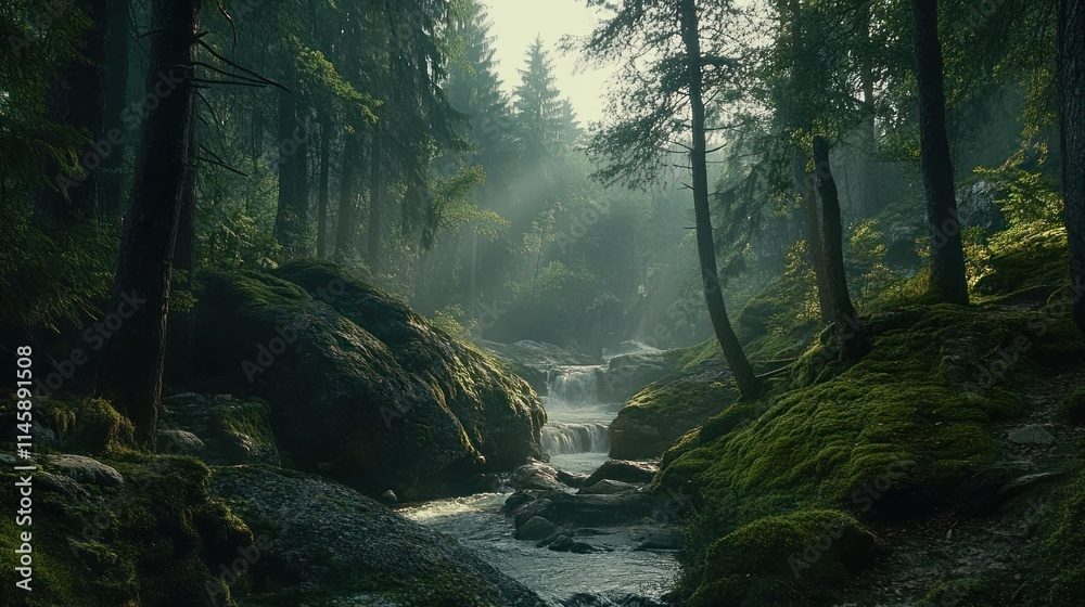 Sunbeams illuminate a misty forest stream flowing through moss-covered rocks and tall trees. Sunbeams illuminate a misty forest stream flowing through moss-covered rocks and tall trees.