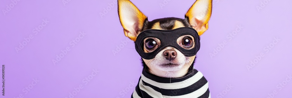 Masked chihuahua wearing striped costume. Masked chihuahua wearing striped costume.