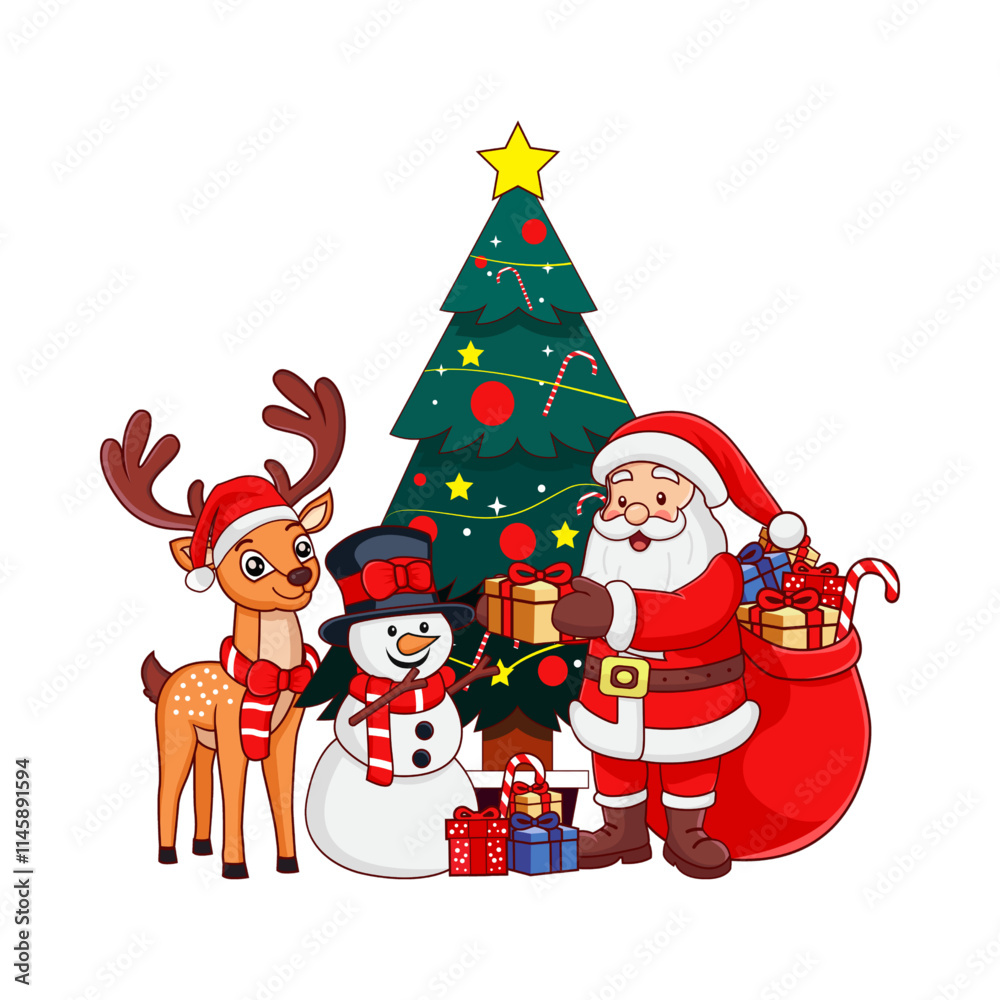 Santa Claus with Christmas tree and reindeer cute vector Santa Claus with Christmas tree and reindeer cute vector