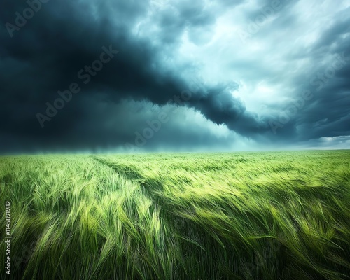 A threatening tornado forming under dark storm clouds over a green field, capturing the power and fury of natures storm, highdefinition, intense and dramatic scene photo