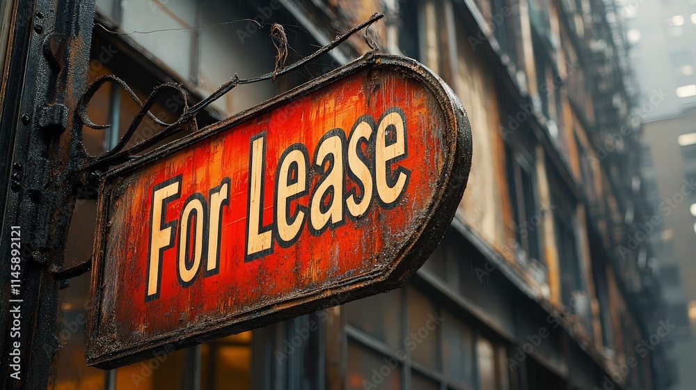 Obraz premium Vintage Rusty For Lease Sign Hanging Outside A Weathered Building In An Urban Area With A Moody Atmosphere And Soft Natural Lighting