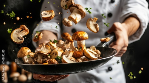 Chef tosses mushrooms in pan; parsley garnish flying.