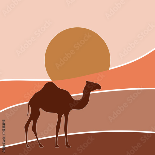 Print Camel Silhouette with Vibrant Desert Sunset