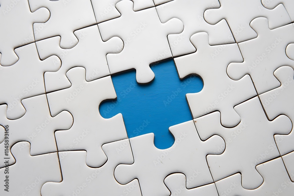 Close-Up of Pale Blue Jigsaw Puzzle with Missing Bright Yellow Piece at Center, Featuring Scattered Pattern on Light Gray Background for a Clean, Modern Aesthetic Close-Up of Pale Blue Jigsaw Puzzle with Missing Bright Yellow Piece at Center, Featuring Scattered Pattern on Light Gray Background for a Clean, Modern Aesthetic