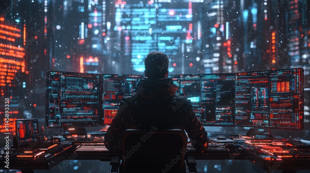 Futuristic Digital Workspace with a Person Surrounded by Multiple Monitors Displaying Data and Cyber Security Elements in a High-Tech City Environment