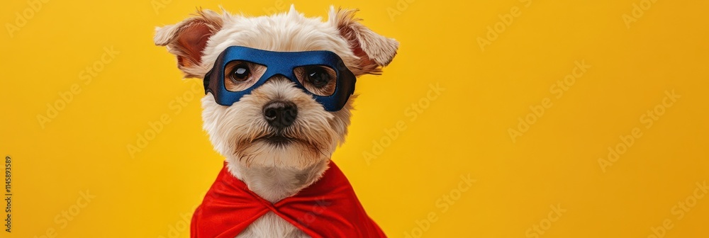 Dog wearing mask,cape against yellow backdrop. Dog wearing mask,cape against yellow backdrop.