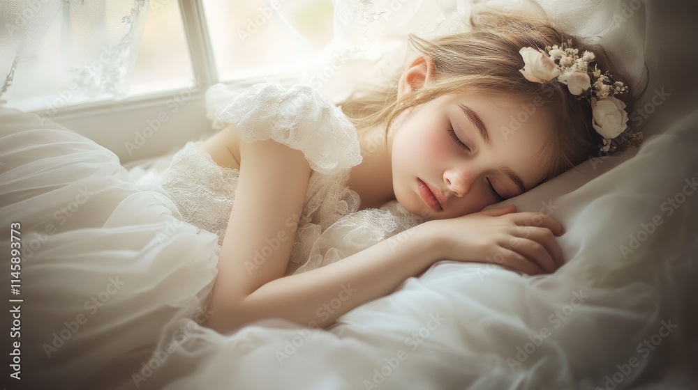 A young girl peacefully sleeps in a white dress by a window. A young girl peacefully sleeps in a white dress by a window.