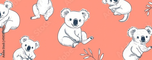 Koalas and leaves illustration, seamless pattern. photo