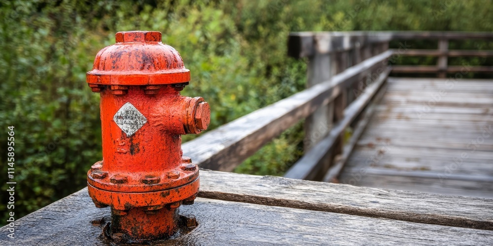 Close up view of a fire department dry fire hydrant connection designed for a sprinkler system, showcasing essential features for effective fire management on a timber bridge. Close up view of a fire department dry fire hydrant connection designed for a sprinkler system, showcasing essential features for effective fire management on a timber bridge.