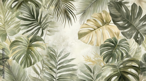 Lush tropical leaves in muted greens and golds on a textured background.