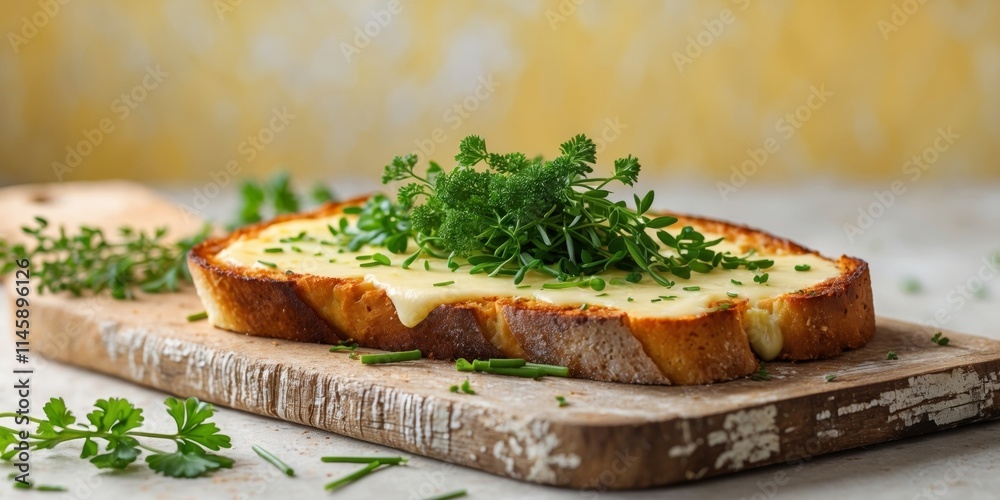 Crispy cheese toast topped with fresh herbs on a vibrant background at a cozy kitchen setting Crispy cheese toast topped with fresh herbs on a vibrant background at a cozy kitchen setting