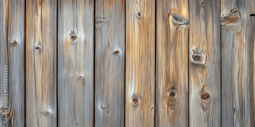 Fototapeta premium Close up of a wall featuring wooden planks, showcasing a fragment with vertical planks and visible knots. This wood texture serves as a natural decoration material for design themes.