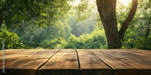 An unoccupied wooden tabletop set against a natural backdrop, ideal for showcasing products or items, provides an inviting display opportunity within a serene environment.