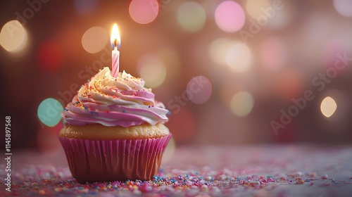 A Single Birthday Cupcake With A Lit Candle