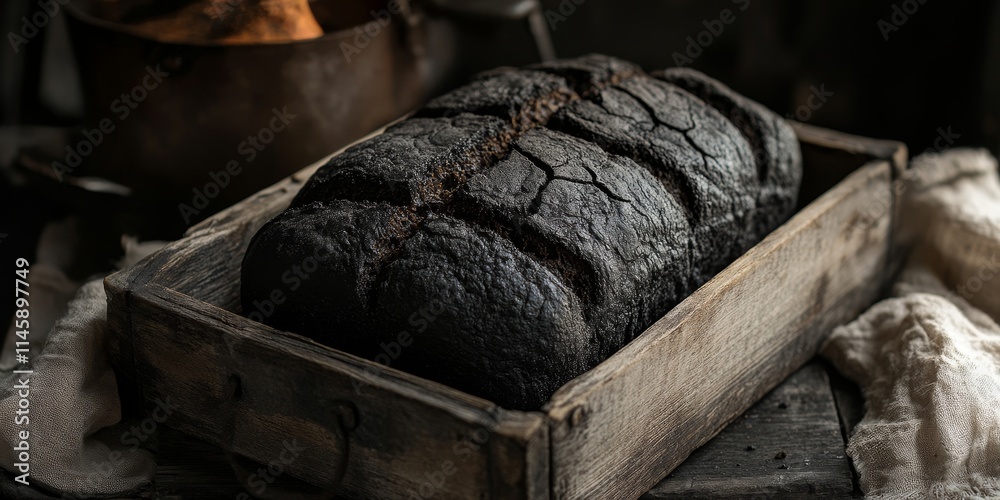 Freshly baked carbon bread displayed in a rustic wooden tray, showcasing the unique texture and color of carbon bread, perfect for culinary presentations and food photography. Freshly baked carbon bread displayed in a rustic wooden tray, showcasing the unique texture and color of carbon bread, perfect for culinary presentations and food photography.