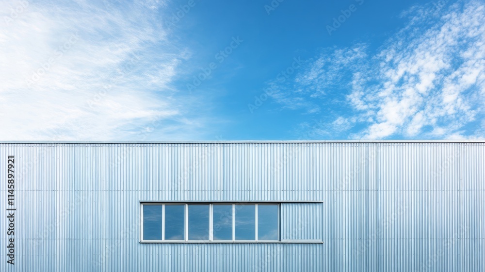 Factory industry, Architecture Building with Aluminium Facade on Blue Sky Background, Backdrop Wall Metal Corrugated Steel Surface Pattern, Warehouse Construction in Geometric Modern Design Factory industry, Architecture Building with Aluminium Facade on Blue Sky Background, Backdrop Wall Metal Corrugated Steel Surface Pattern, Warehouse Construction in Geometric Modern Design