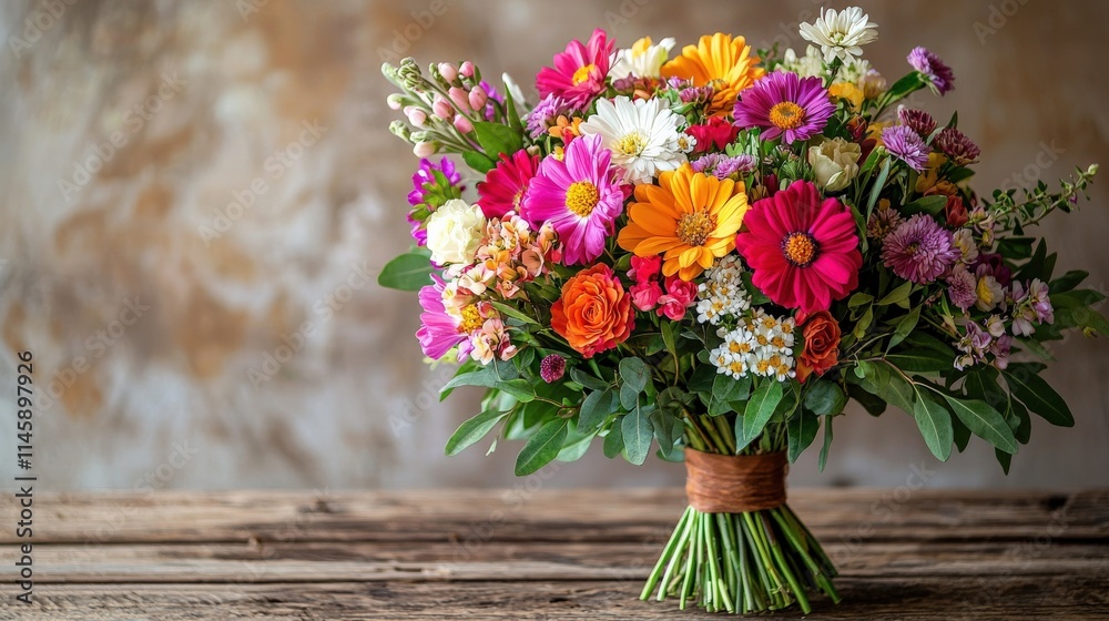 A vibrant bouquet of mixed flowers in various colors sits on a rustic wooden surface, showcasing nature's beauty and elegance. A vibrant bouquet of mixed flowers in various colors sits on a rustic wooden surface, showcasing nature's beauty and elegance.