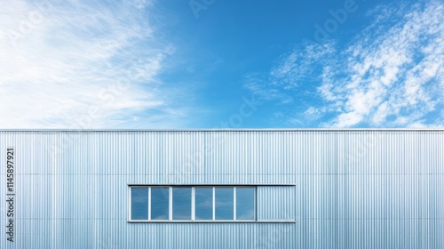 Factory industry, Architecture Building with Aluminium Facade on Blue Sky Background, Backdrop Wall Metal Corrugated Steel Surface Pattern, Warehouse Construction in Geometric Modern Design