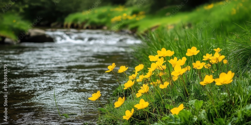 Obraz premium Vibrant yellow flowers blooming beside a river create a stunning scene. These yellow flowers contrast beautifully with the lush green grass background, enhancing the natural beauty of the landscape.