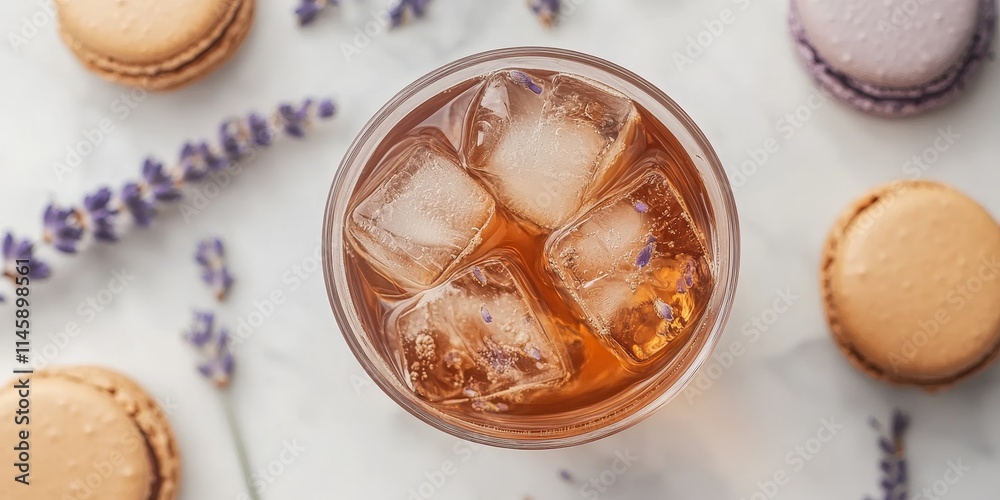Above, a graceful glass filled with lavender iced tea is accompanied by French macarons, leaving ample room for additional text or descriptions. Above, a graceful glass filled with lavender iced tea is accompanied by French macarons, leaving ample room for additional text or descriptions.