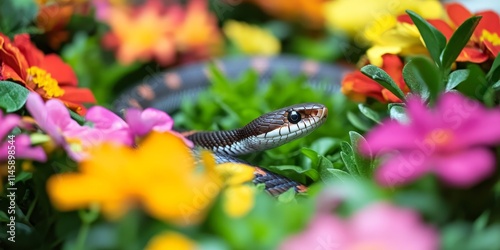 A small purple rat snake can be seen in an outdoor habitat, where it is surrounded by vibrant flowers adding to the beauty of its enclosure. photo