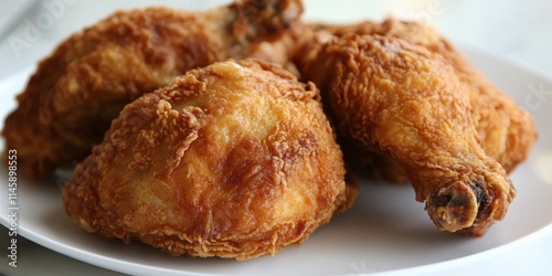 Close up of crispy fried chickens served on a white plate, highlighting the delicious texture and golden color of the fried chickens for an appealing presentation. Perfect for food imagery. photo