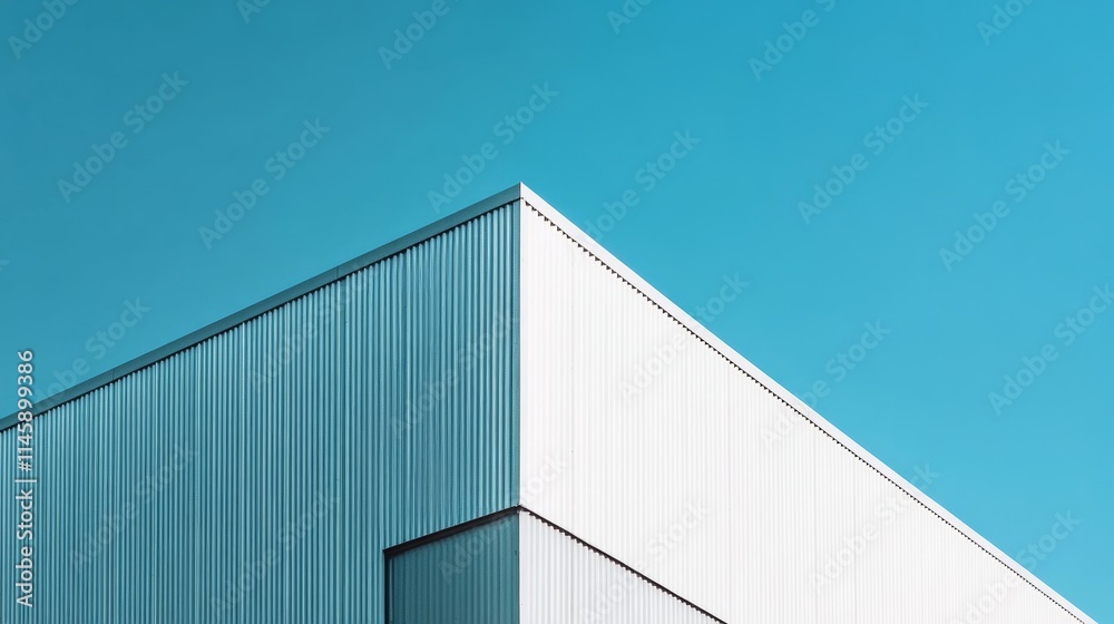 Factory industry, Architecture Building with Aluminium Facade on Blue Sky Background, Backdrop Wall Metal Corrugated Steel Surface Pattern, Warehouse Construction in Geometric Modern Design Factory industry, Architecture Building with Aluminium Facade on Blue Sky Background, Backdrop Wall Metal Corrugated Steel Surface Pattern, Warehouse Construction in Geometric Modern Design