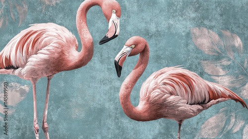 Flamingos standing gracefully against textured blue background, showcasing elegance