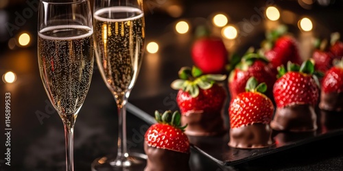 Celebration of Champagne in Flute Glasses, Enjoy bubbly sparkling wine elegantly presented in champagne glasses, paired perfectly with delightful chocolate covered strawberries.
